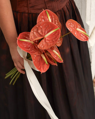 Person holding a bouquet of red anthurium flowers with a white ribbon against a dark brown gown.