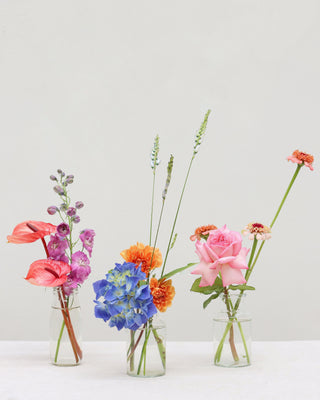 Three small glass bud vases with colourful flowers on a light background