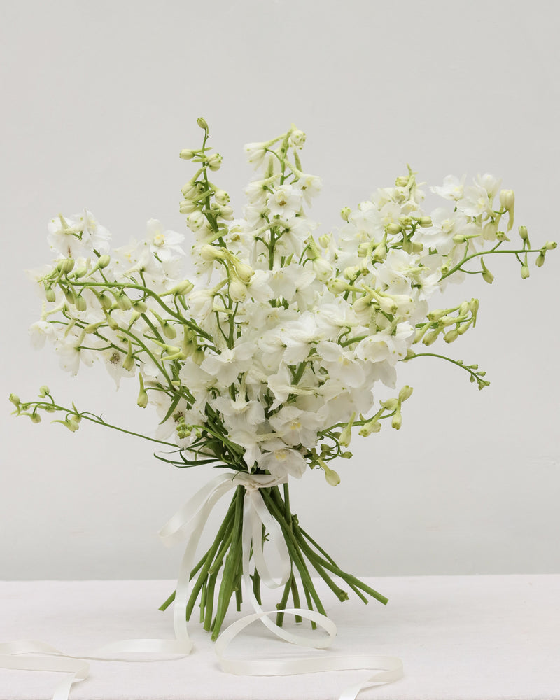 Bouquet of white flowers with green stems on a light gray background